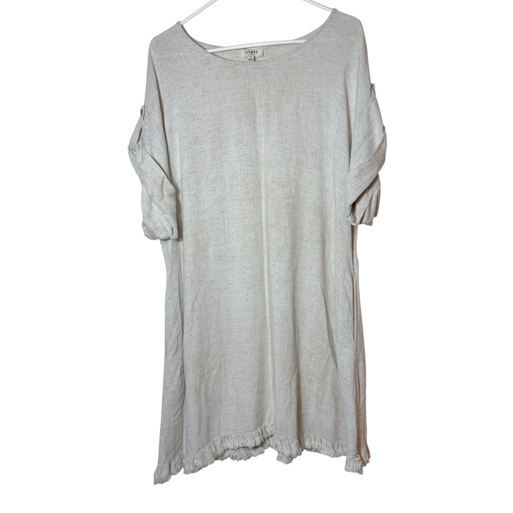 Umgee Linen Blend Dress Women Small Beige Frayed Hem Boho Coastal Lagenlook